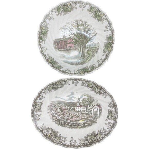 Johnson Bros FRIENDLY VILLAGE 8” Round & 9” Oval Serving Bowls Set Of 2 EUC - Picture 1 of 8